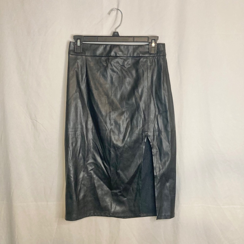Black Faux Leather Midi Pencil Skirt Side Slit Sanctuary 2 Edgy Chic Goth Grunge